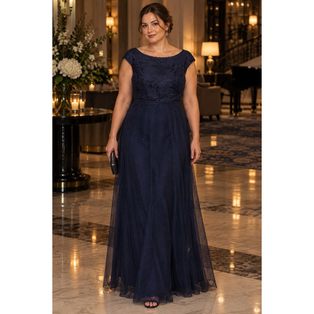 JS Collections Soutache Gown Womens 14 Navy Mesh Dark Romantic Evening Dress
